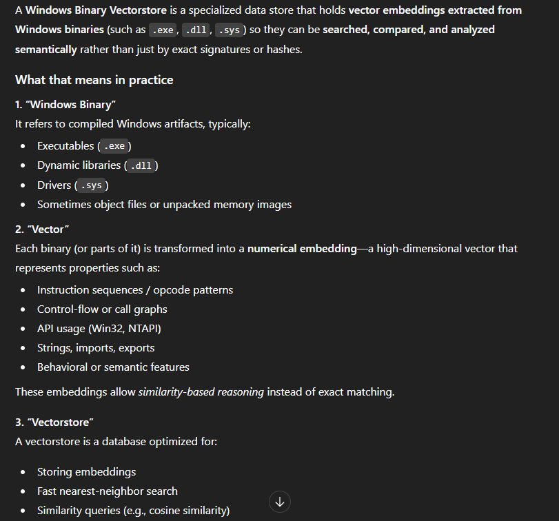 ChatGPT explaining Windows binary vector store