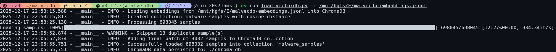 ChromaDB loaded with 698,045 PE samples