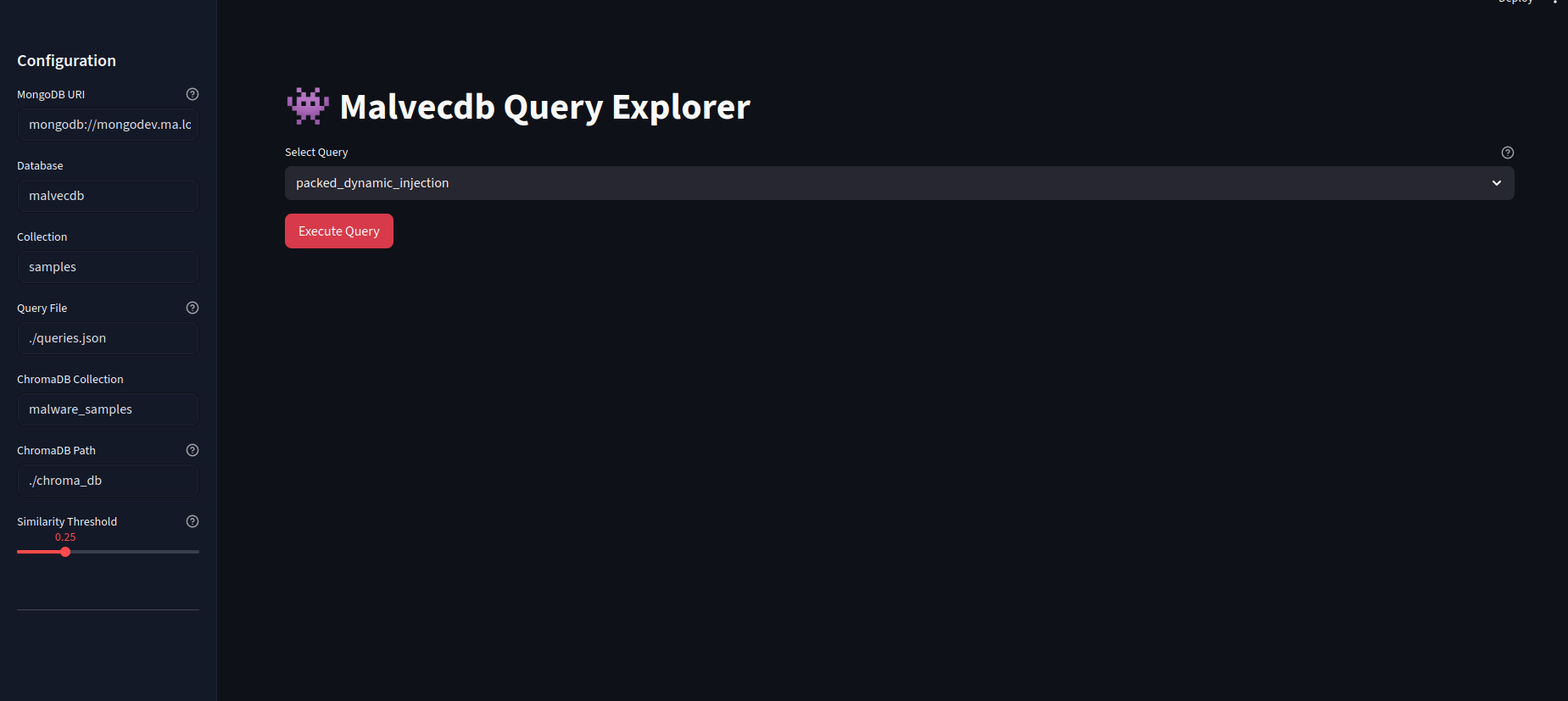 Malvecdb Streamlit interface home screen