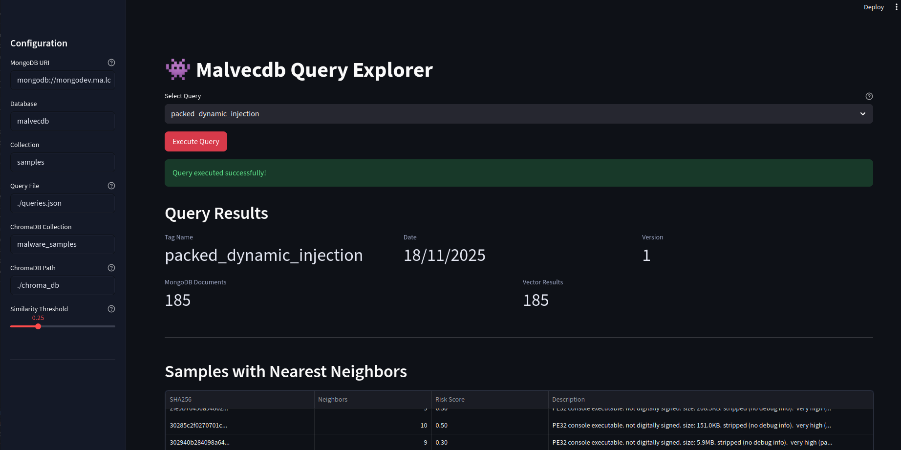 Streamlit query results table