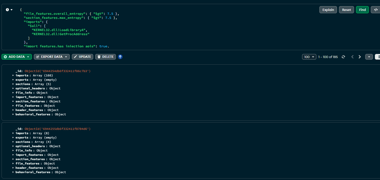 MongoDB query returning 185 high-entropy samples